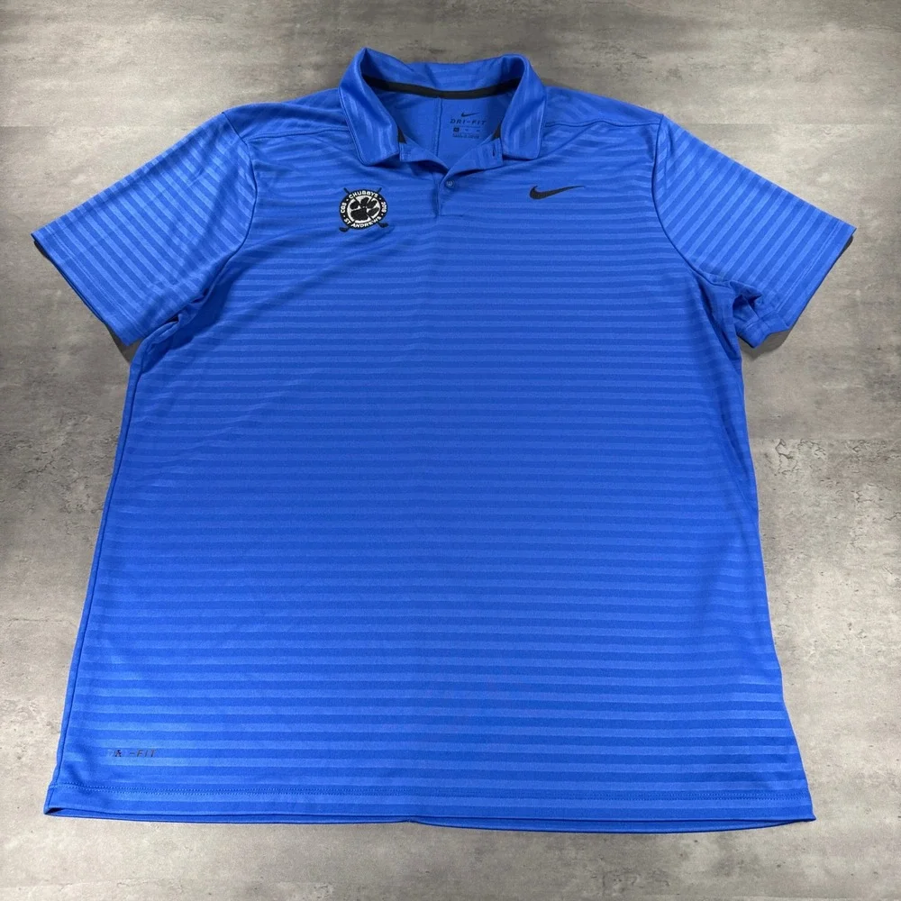 Nike Dri Fit Golf Polo Shirt Blue Stripe Embroidered Chubbs St Andrews Womens XL
